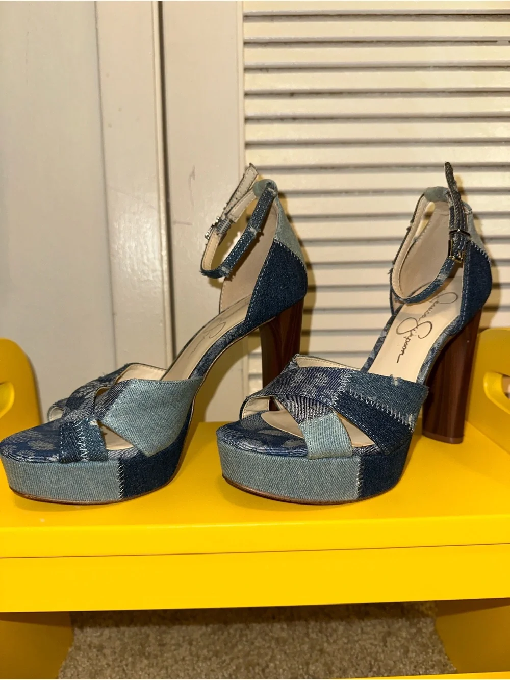 Jessica Simpson Patchwork Blue Denim Platform Sandals with Ankle Strap